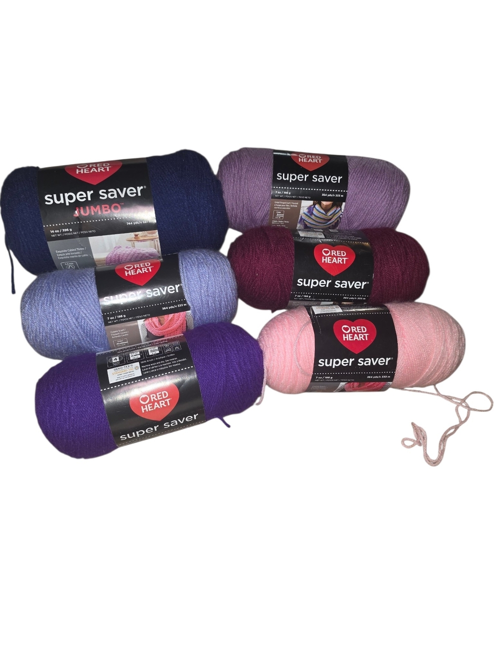 Red Heart Super Saver Yarn Lot 6 Skeins Purple Pink Blue Navy Acrylic